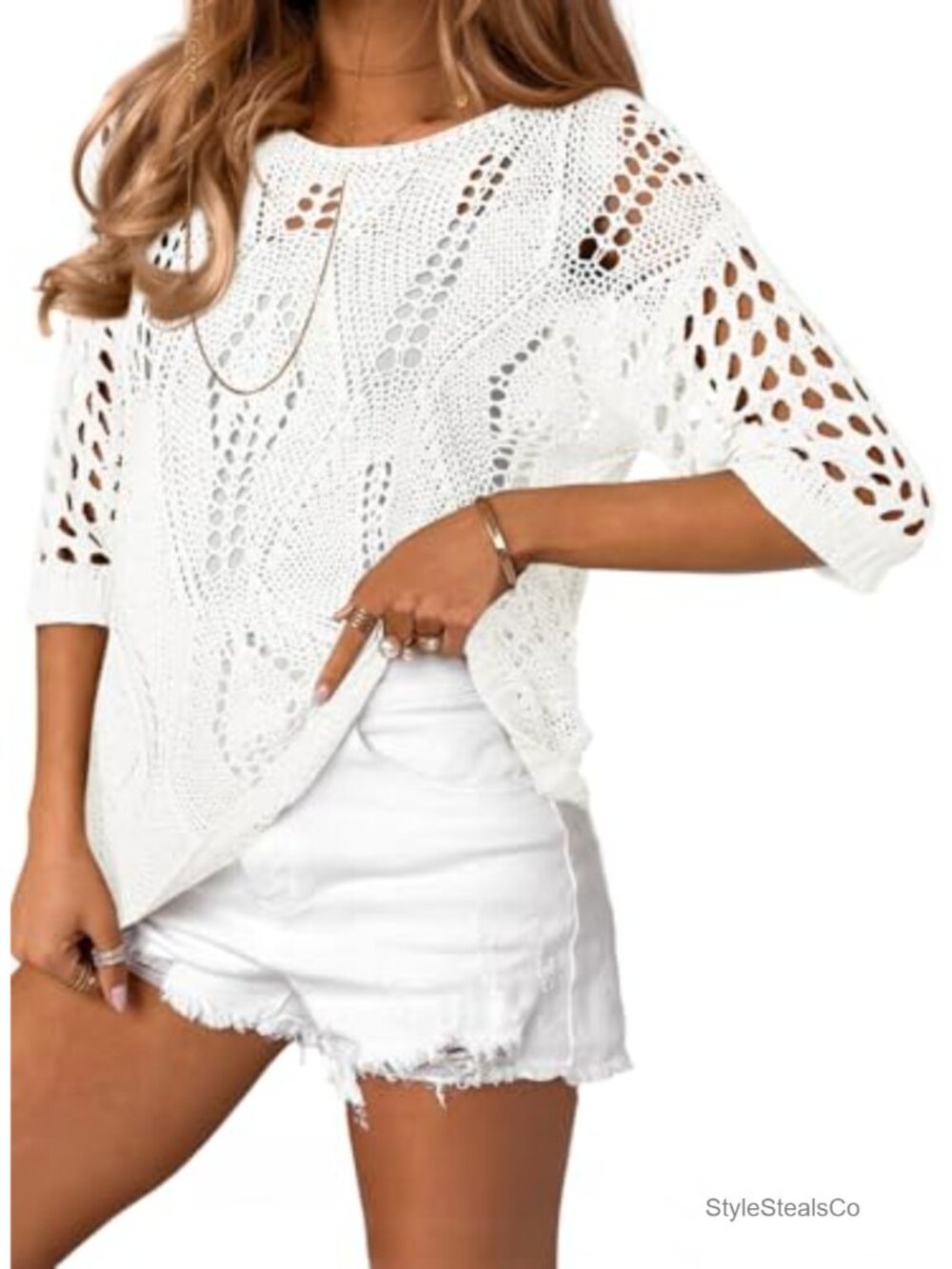 Crochet Hollow Out 3/4 Sleeve Knit Summer Sweater Cover-Up